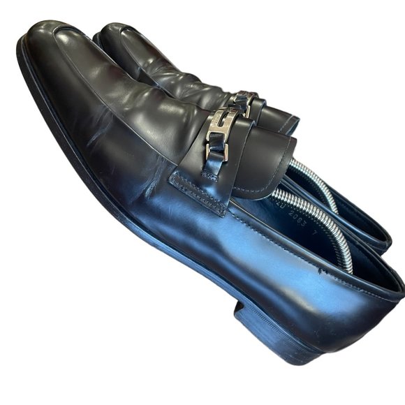 Prada Men's Black Leather Loafers with Silver Tone Buckle Detail Size 7 - Picture 7 of 16